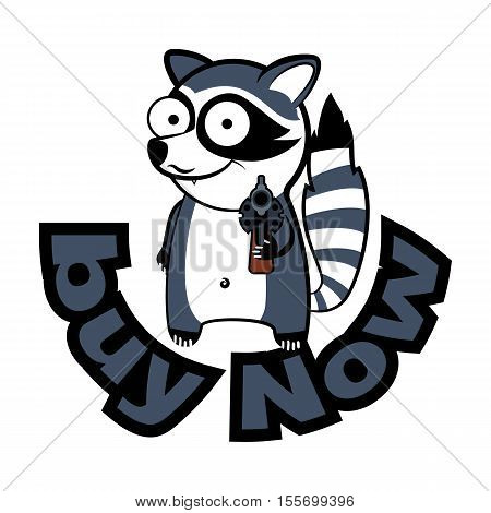Happy raccoon with a gun in his hand