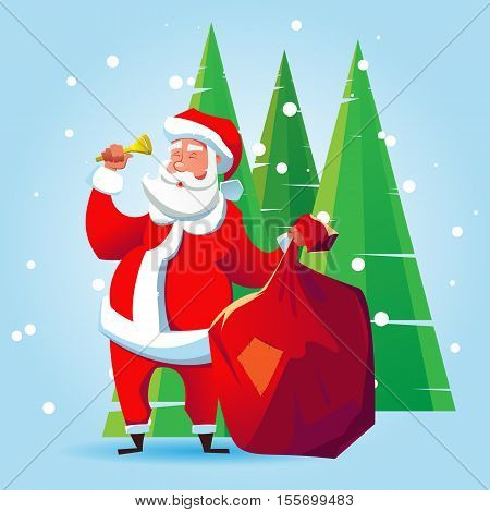 Santa Claus with a bag of gifts and a bell. Cartoon illustration for Christmas.
