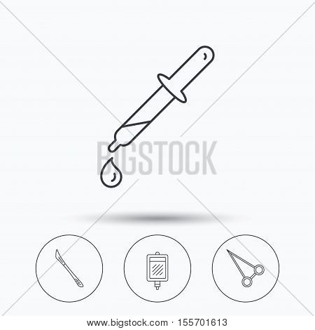 Blood donation, scalpel and pipette icons. Peans forceps linear sign. Linear icons in circle buttons. Flat web symbols. Vector