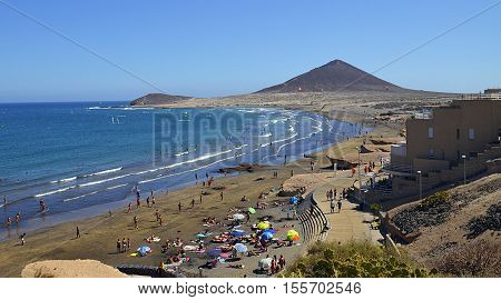 El Medano surfing and kitesurfing beach in south coast of Tenerife,Canary Islands,Spain.Travel or vacation concept.
