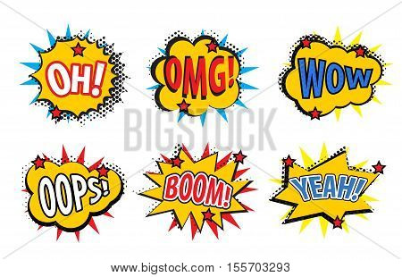 Set comic stickers retro style. Set comic stickers icons isolated on white background. Set pop art stickers comic style design element. Vector illustration