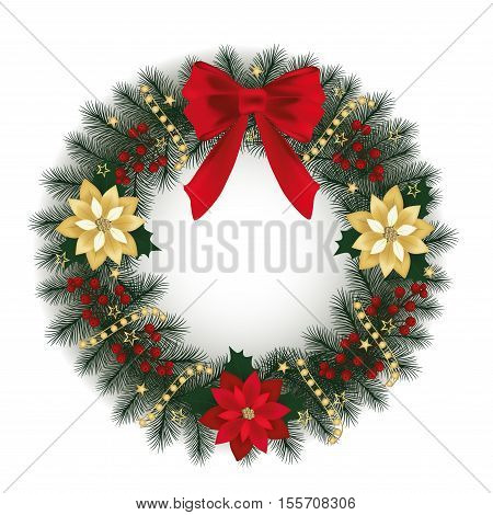 Christmas wreath with poinsettia plant red berries and fir branches