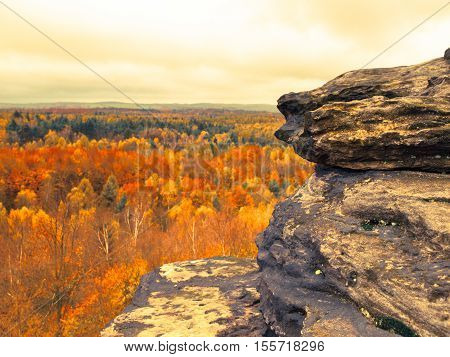 Panoramic view of sandstone rock formation in the middle of colorful autumn forest. Dramatic evening view. Tisa Rocks, aka Tiske Walls, Czech-Saxon Switzerland, Czech Republic