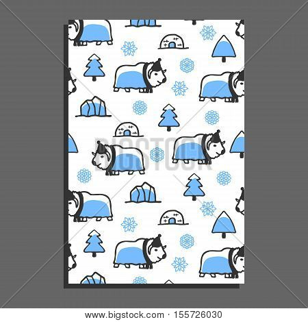 Greeting card template with cute cartoon musk-ox. Vector doodle musk-ox, snowflakes and icebergs. Arctic animal wears scarf
