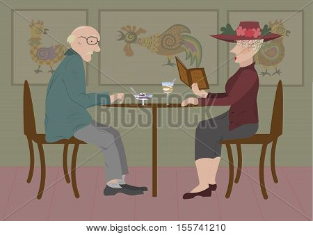 An elderly couple are sitting in cafe and tolking