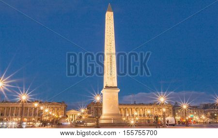 The Luxor obelisk is a 23 metres high Egyptian obelisk standing at the center of the place de la Concorde in Paris France.It was originally located at the entrance to Luxor Temple in Egypt.It is classified as historical monument.