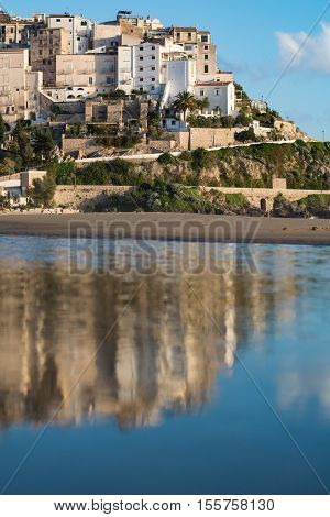 Panoramic view of Sperlonga and beautiful sandy beach. Winter in Italy