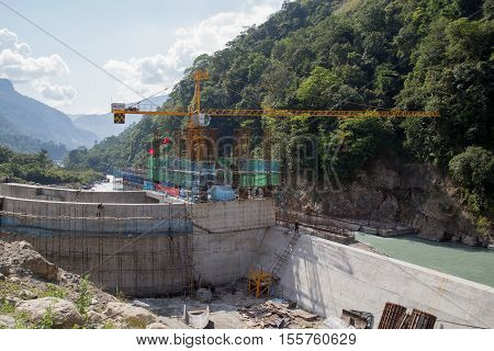 Bhulbhule, Nepal - October 23, 2014: Construction site of the Upper Marsyangdi Hydropower Project in the Annapurna Region