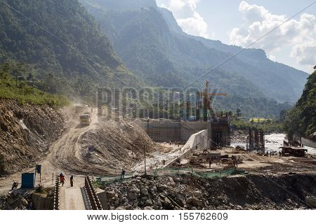 Bhulbhule, Nepal - October 23, 2014: Construction site of the Upper Marsyangdi Hydropower Project in the Annapurna Region