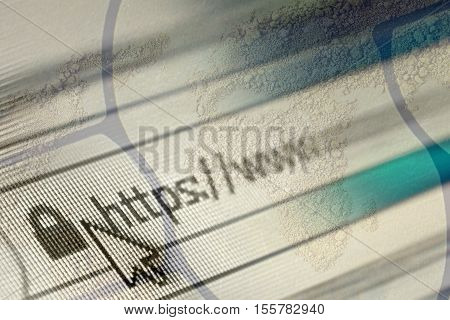 Closeup of Http Address in Web Browser in Shades of Blue - Shallow Depth of Field of textured world map