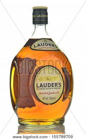 CIRCA NOVEMBER 2016 - GDANSK: Lauders blended scotch whisky isolated on white background. It is distilled blended and bottled in Scotland by Archibald Lauder and co in Glasgow that was established in 1834.