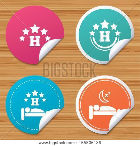 Round stickers or website banners. Five stars hotel icons. Travel rest place symbols. Human sleep in bed sign. Circle badges with bended corner. Vector