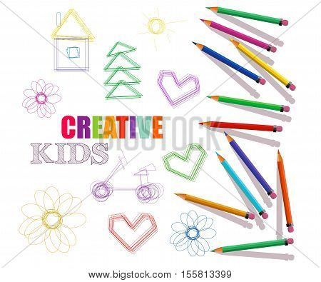 creative template for art studio laboratorycourses for kids. colored pencils and drawings.
