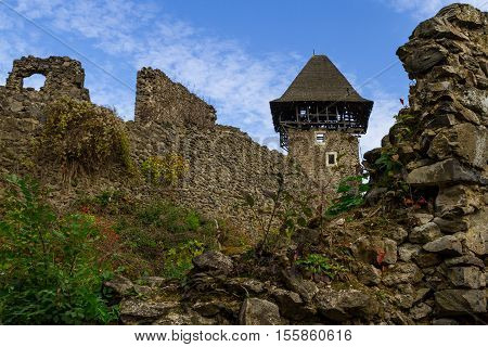 Kamyanitsa Ukraine - October 27 2016: Ruins of the Nevitsky castle near the village Kamyanitsa. The castle was built in the 13th century.