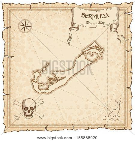 Bermuda Old Pirate Map. Sepia Engraved Parchment Template Of Treasure Island. Stylized Manuscript On