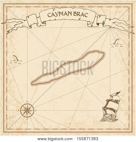 Cayman Brac Old Treasure Map. Sepia Engraved Template Of Pirate Island Parchment. Stylized Manuscrip