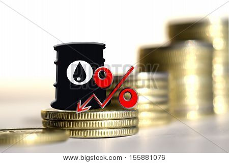 Barrel for oil and the percentage on a background of money . The concept of changes in the prices of petroleum products