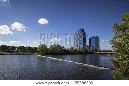 Grand Rapids, Michigan, USA - September 17, 2016: The Riverhouse Condos building is the tallest building in Grand Rapids and is the tallest residential building in the state of Michigan.