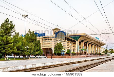 Samarkand, Uzbekistan - August 14, 2016: View of Samarkand Railway Station. The Tashkent - Samarkand high-speed line is capable of speeds up to 250 km-h