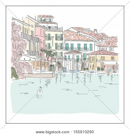Old europian town on the lake. Hand drawn colored sketch. Vector illustration.