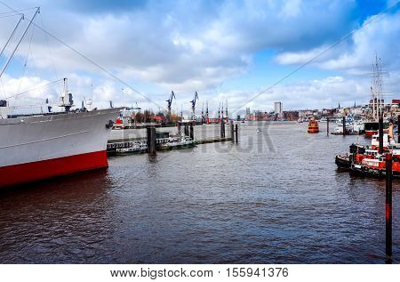 Street view of Cruise ship in the harbor of Hamburg, germany, Europe