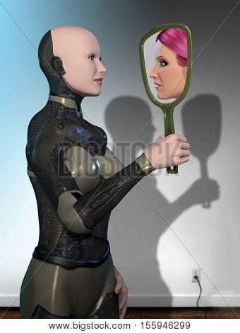 3D illustration of a female looking robot holding a mirror reflecting a face of a real woman.