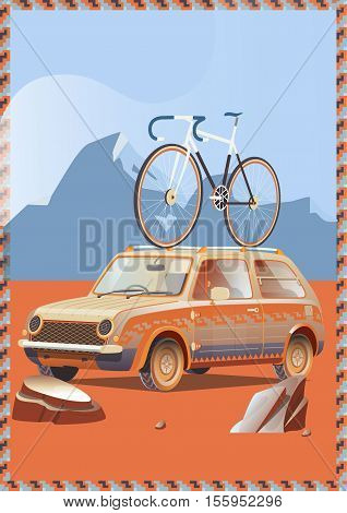 Cute little retro car with bicycle on top goes by wonderful countryside road at sunset