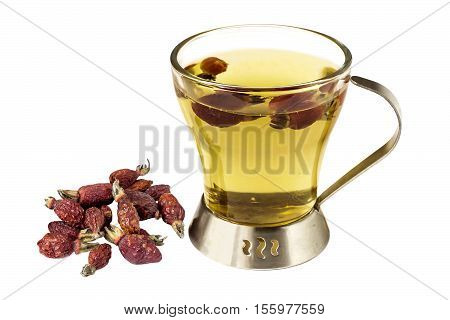 Useful tea with dried fruits rosehip (Rosa majalis) isolated on a white background. Used in healthy nutrition and herbal medicine