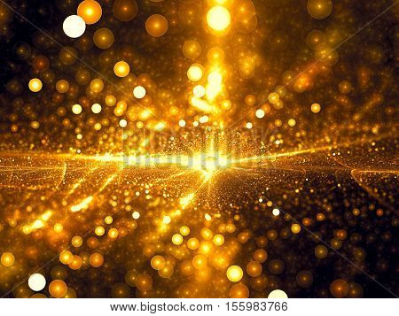 Abstract bubble bokeh - computer-generated image. Fractal geometry: chaos bright glowing gold circles like confetti. Festive backdrop for cards, posters, banners.