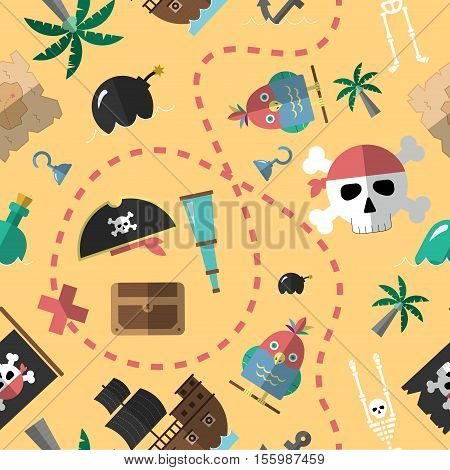 Pirate Pattern Seamless Vector Illustration. Cartoon Surface Pattern In Material Flat Style Design.