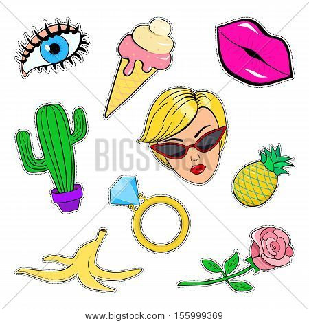 Set of fashion patch badges stickers pins in cartoon 80-90s style: eye lips ice cream cactus face ring with diamond banana skin rose pineapple. Vector illustration set isolated on white background.