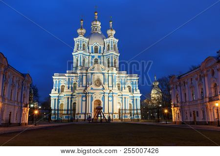 Smolny Convent With Smolny Cathedral At Night In Saint Petersburg. Russia