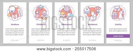Human Lifecycle Onboarding Mobile App Page Screen With Linear Concepts. Newborn, Childhood, Adolesce