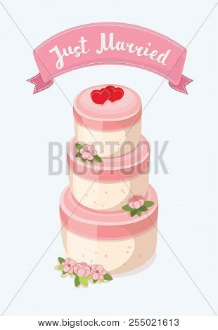 Vector Cartoon Illustration Of Wedding Cake Decorated With Flowers And A Two Hearts Toppers.