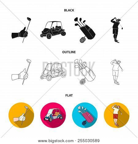 A Gloved Hand With A Stick, A Golf Cart, A Trolley Bag With Sticks In A Bag, A Man Hammering With A 