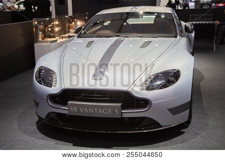 Bangkok, Thailand - August 22, 2018: A Luxury Car Aston Matin V8 Vantage S Coupe Exhibited In Big Mo