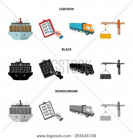 Sea Freight, Signature Of Delivery Documents, Truck, Tower Crane With A Container. Logistics And Del