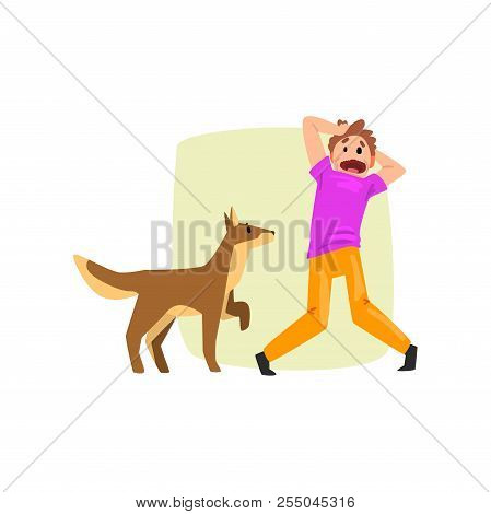 Man Frightened By Dog, Guy Suffering From Cynophobia, Human Fear Concept Vector Illustration On A Wh