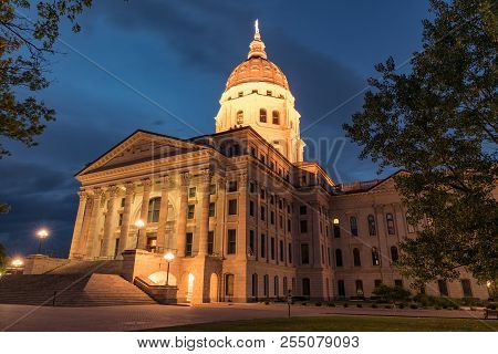 Exterior Of The Kansas State Capital Building In Topeka, Kansas At Night