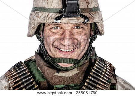 Happy Smiling Commando Soldier In Combat Helmet