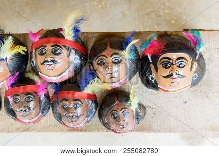 Colorful Chhau (or Chhou) Masks Of Handicrafts On Display For Sale - At Charida, Purulia - Bangla (f