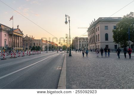 Berlin, Germany - August 15, 2018: View Of Unter Den Linden Street At Sunset.
