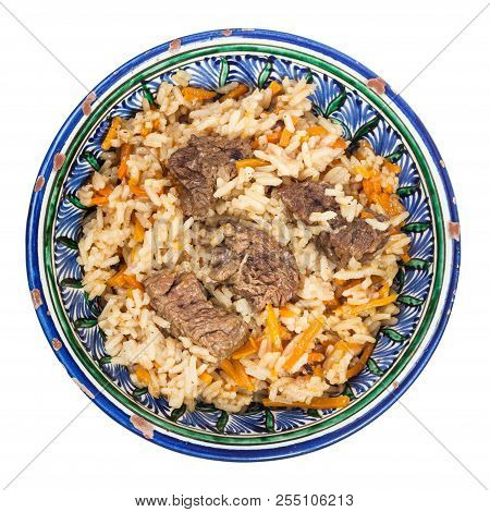 Top View Of Prepared Plov (central Asian Dish From Rice With Meat And Vegetable) In Traditional Cera
