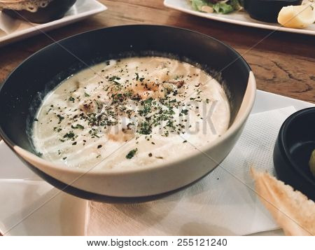 Creamy Fish Soup With Salmon, Potatoes, Onions And Carrots. Kalakeitto. Traditional Dish Of The Finn