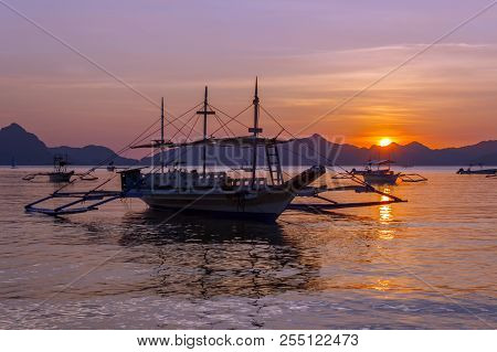 Tropical Landscape With Traditional Boats Of The Philippines. Elnido, The Island Of Palawan.