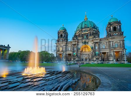 Berliner Dom Landmark In Berlin City, Germany At Night.