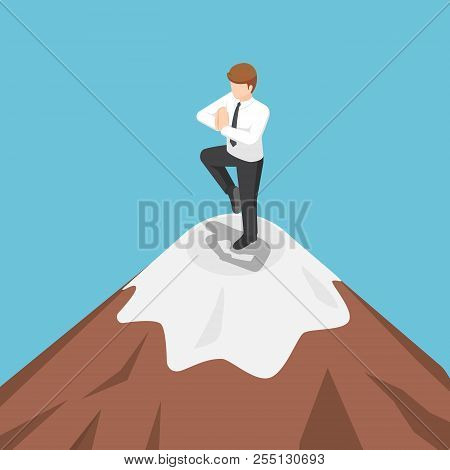 Flat 3d isometric businessman doing yoga on the top of mountain. Meditation and success concept.