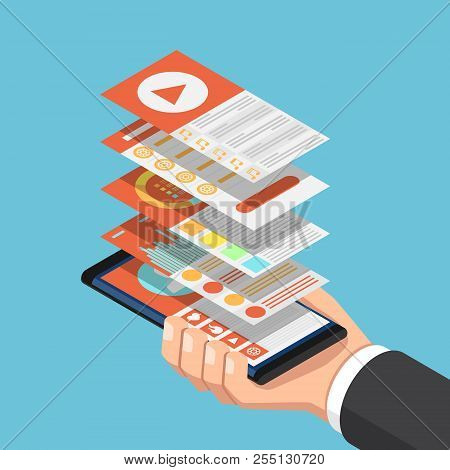 Flat 3d isometric businessman hand holding smartphone with mobile application interface layer. Mobile application development concept.