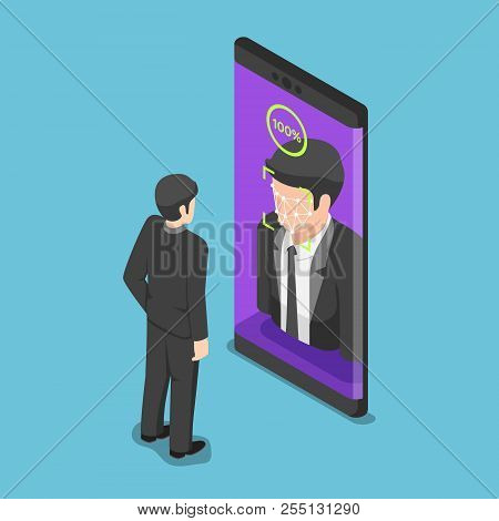 Flat 3d isometric businessman use face scaning to unlock smartphone. Biometric identification and facial recognition system concept.