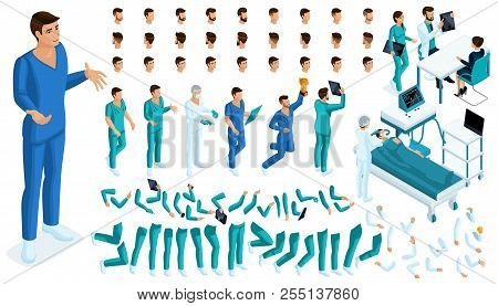 Isometric Constructor Of A Doctor, Surgeon With A Set Of Gestures And Emotions. Create Your Characte